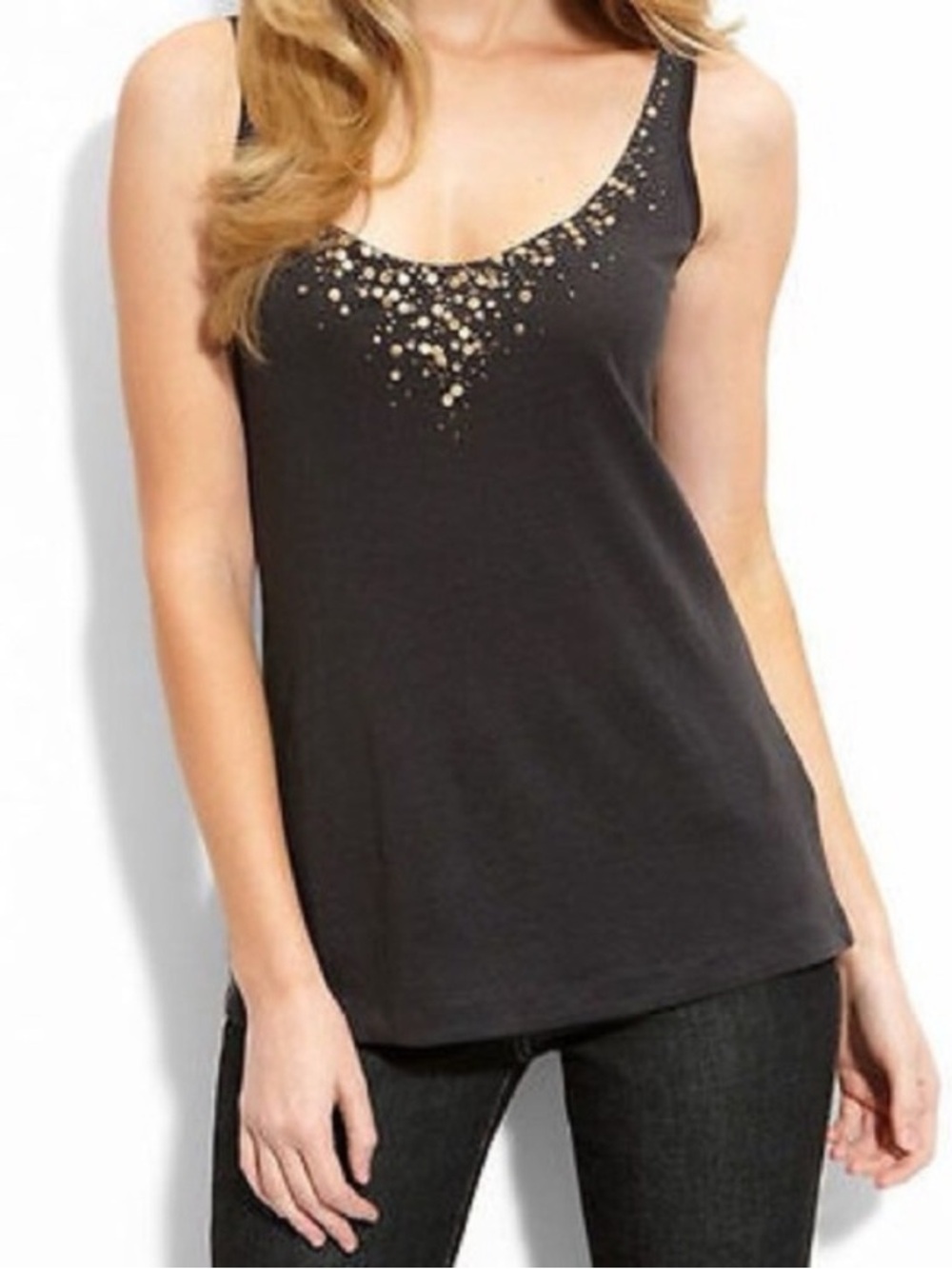 Eileen Fisher. Linen Jersey Embellished Metallic Sequin Tank. Black. Size Large.